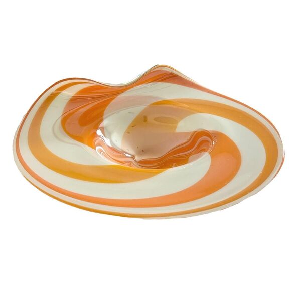 Large Hand Blown Orange and White Swirled Decorative Dish with Folded Lip - Picture 3 of 6
